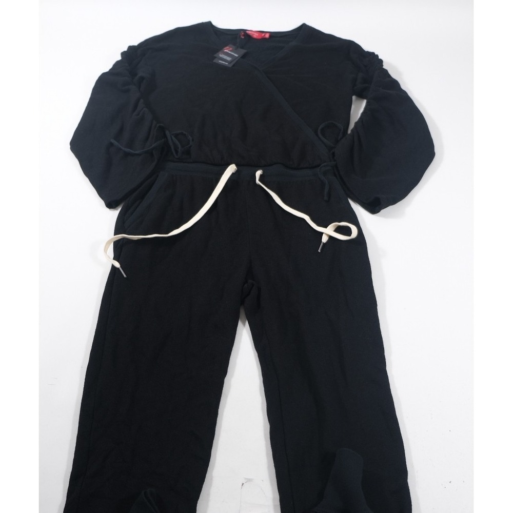 n:Philanthropy Jumpsuit Women M Black Knit Wrap V-Neck Ruched Sleeve